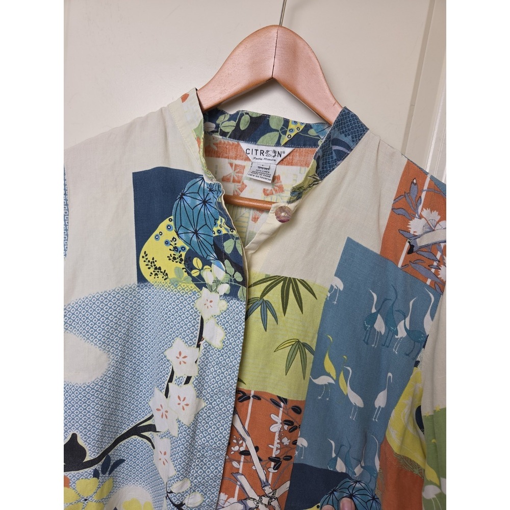 Citron Santa Monica Silk Linen Blouse Mandarin Collar Bird Bamboo Art Sz L 90s